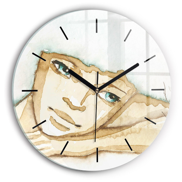 Round glass wall clock Portrait of a woman
