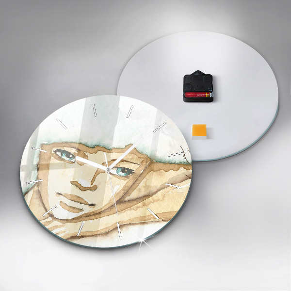 Round glass wall clock Portrait of a woman