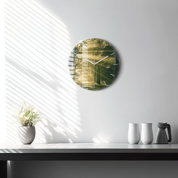 Round glass wall clock Sun Rays Forest