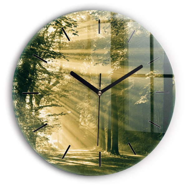 Round glass wall clock Sun Rays Forest