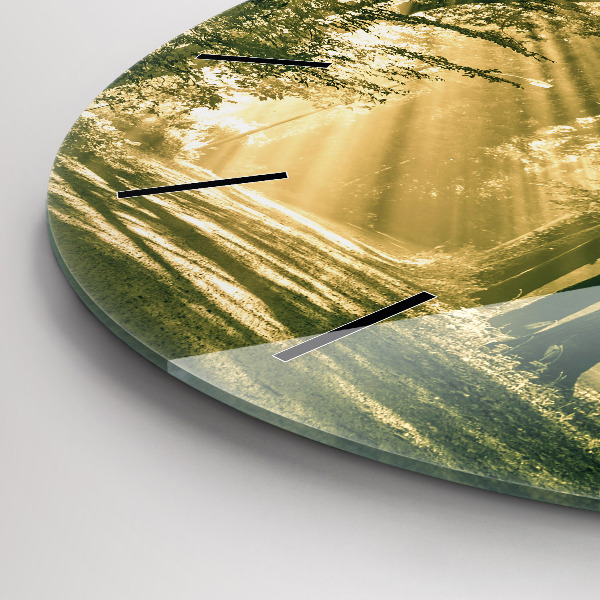 Round glass wall clock Sun Rays Forest