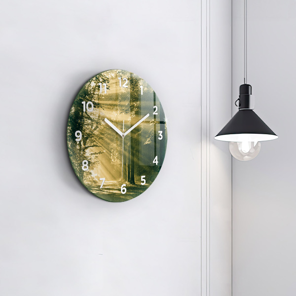 Round glass wall clock Sun Rays Forest