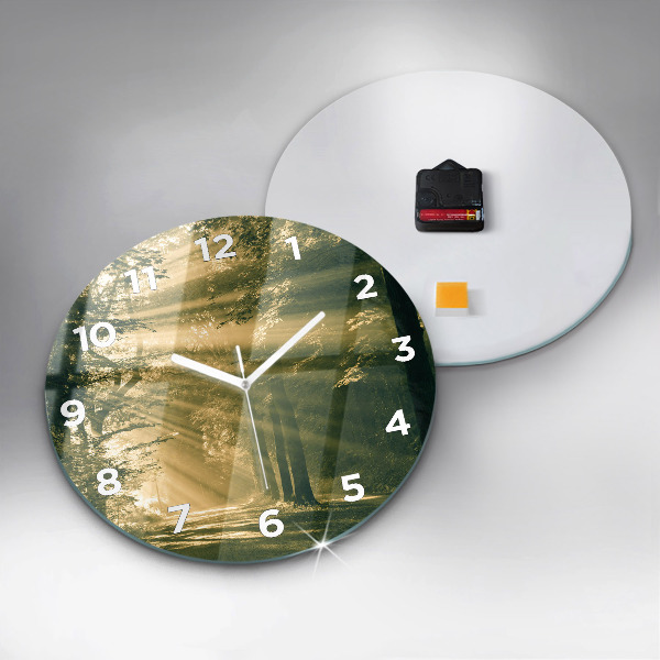 Round glass wall clock Sun Rays Forest