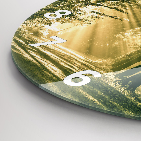 Round glass wall clock Sun Rays Forest