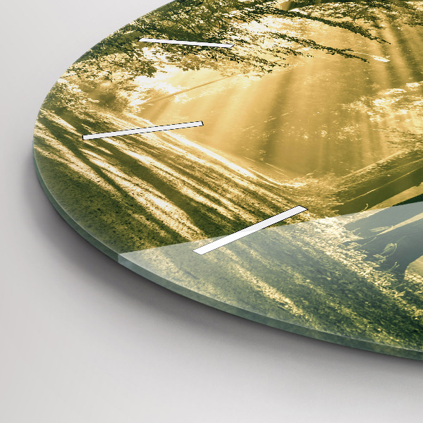 Round glass wall clock Sun Rays Forest
