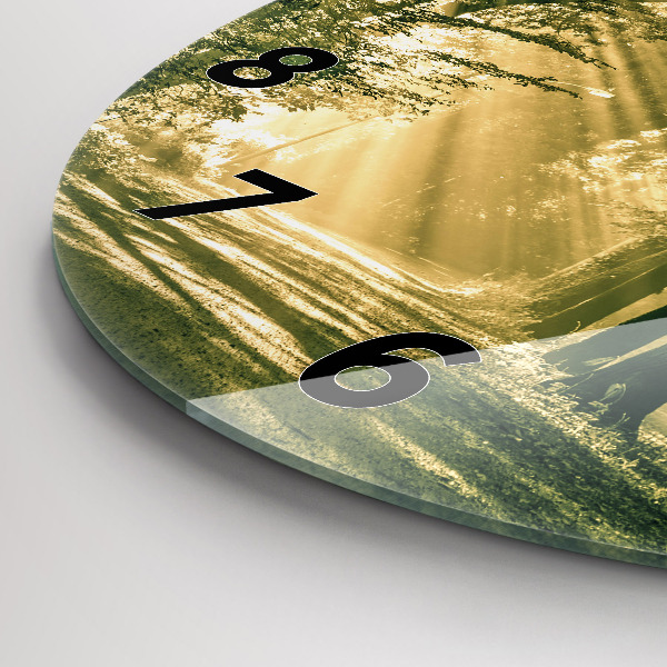 Round glass wall clock Sun Rays Forest