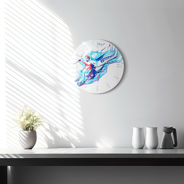 Round glass wall clock Skier