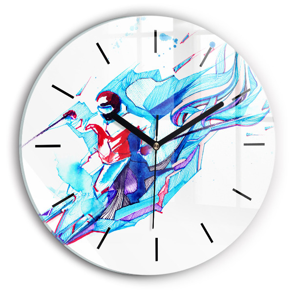 Round glass wall clock Skier