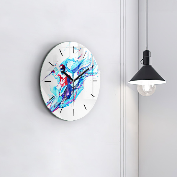 Round glass wall clock Skier