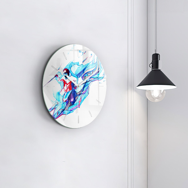 Round glass wall clock Skier