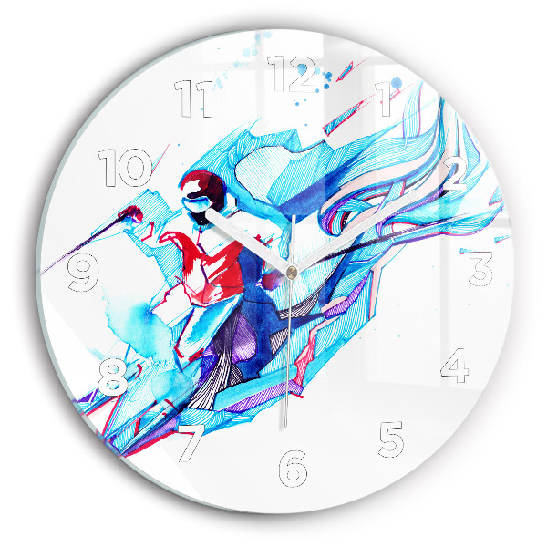 Round glass wall clock Skier