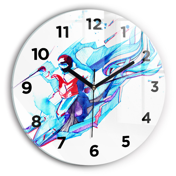 Round glass wall clock Skier