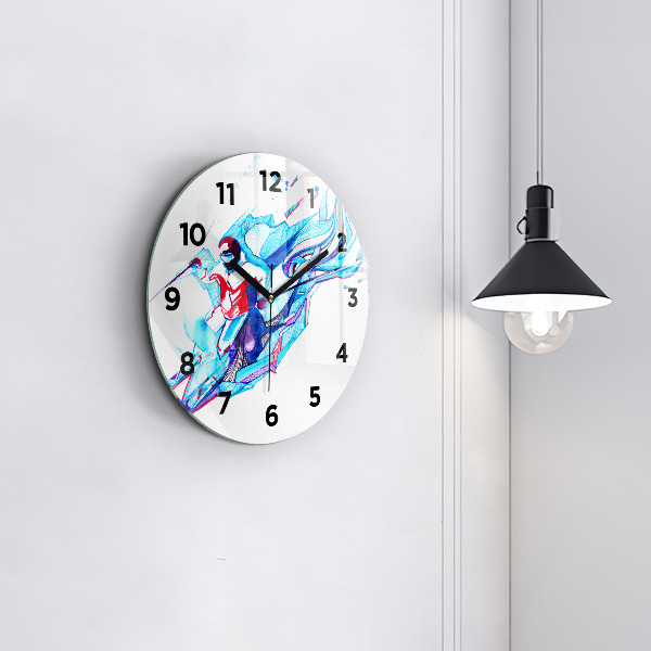 Round glass wall clock Skier