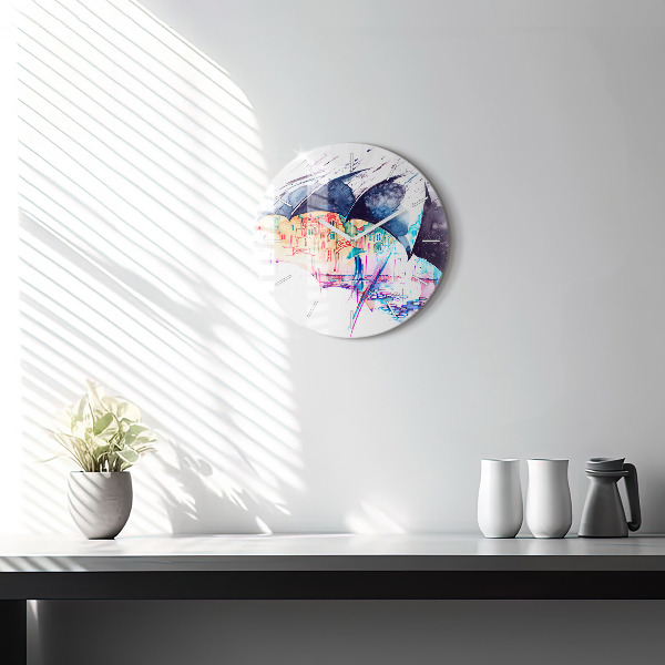 Round glass wall clock Rain umbrella and city