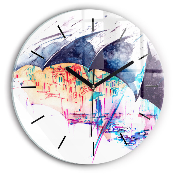Round glass wall clock Rain umbrella and city