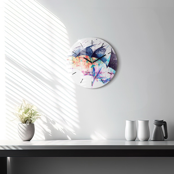 Round glass wall clock Rain umbrella and city