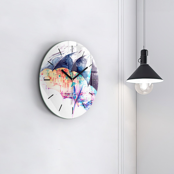 Round glass wall clock Rain umbrella and city