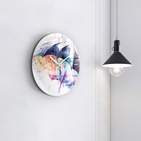 Round glass wall clock Rain umbrella and city
