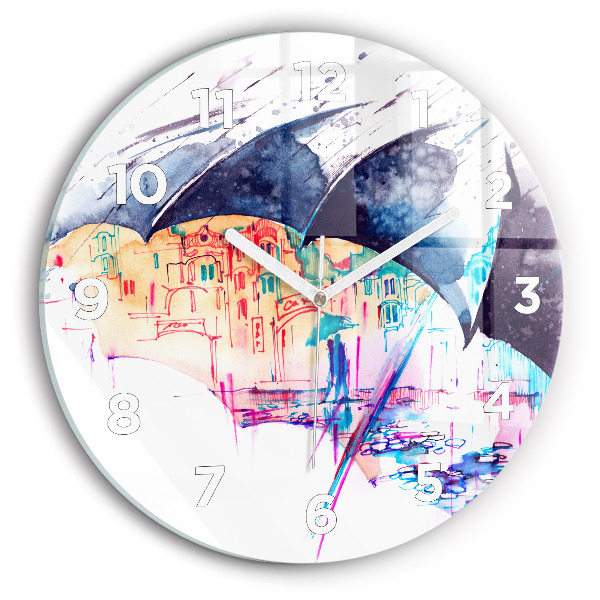 Round glass wall clock Rain umbrella and city