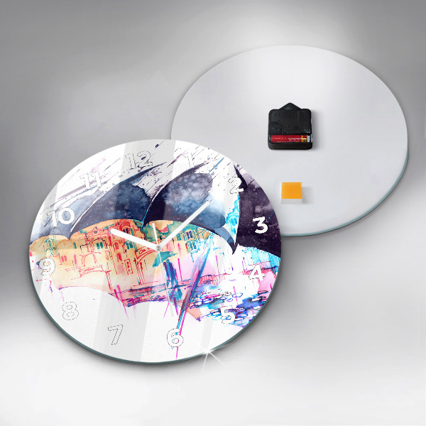 Round glass wall clock Rain umbrella and city