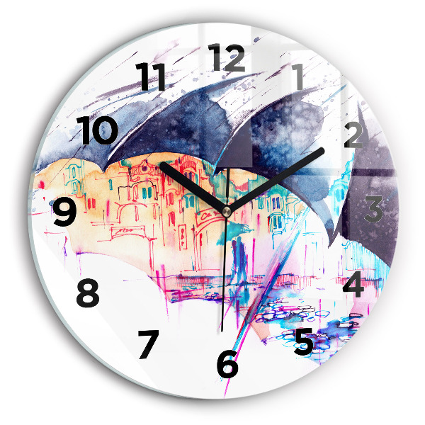 Round glass wall clock Rain umbrella and city