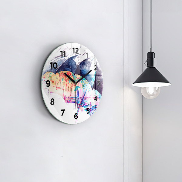 Round glass wall clock Rain umbrella and city
