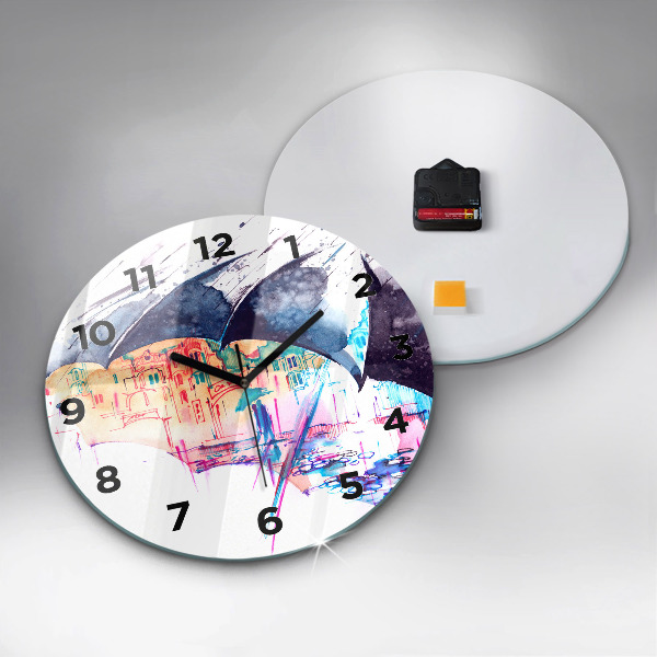 Round glass wall clock Rain umbrella and city