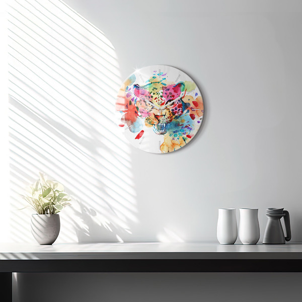 Round glass wall clock Abstract wild cat