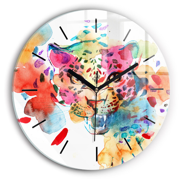 Round glass wall clock Abstract wild cat