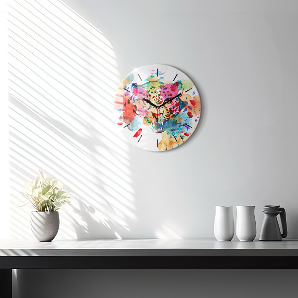 Round glass wall clock Abstract wild cat