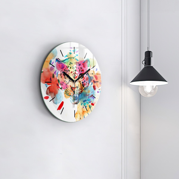 Round glass wall clock Abstract wild cat