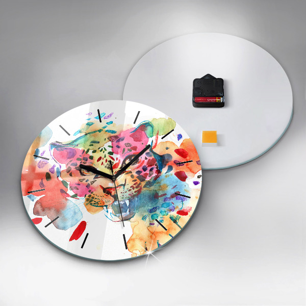 Round glass wall clock Abstract wild cat