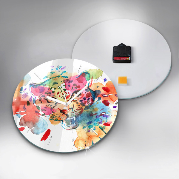 Round glass wall clock Abstract wild cat