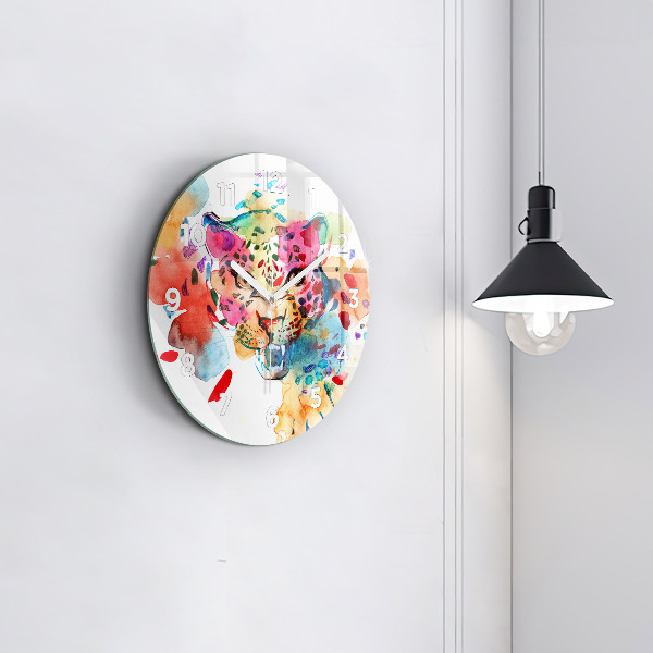 Round glass wall clock Abstract wild cat