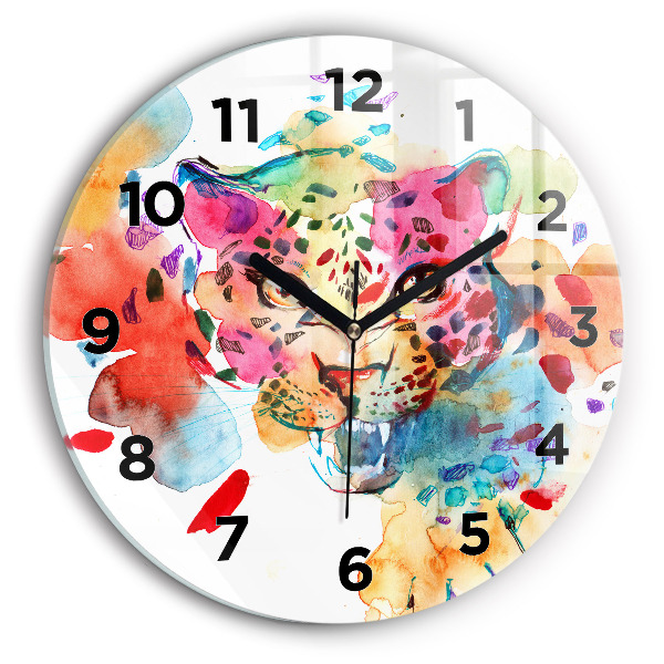 Round glass wall clock Abstract wild cat
