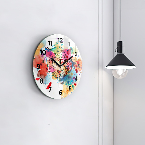 Round glass wall clock Abstract wild cat