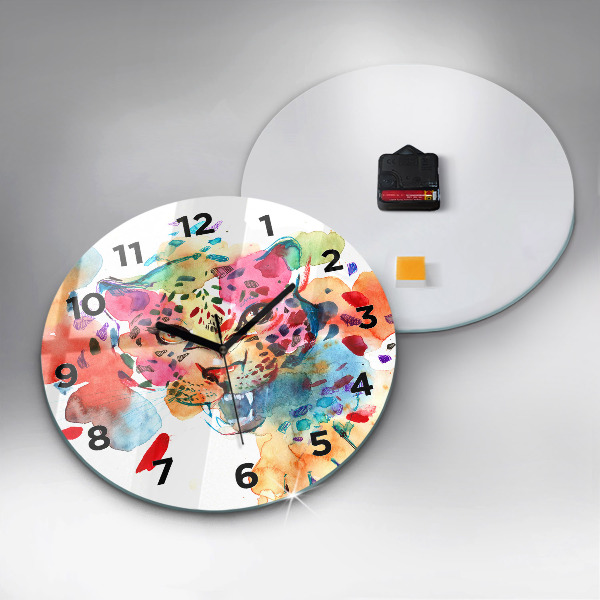 Round glass wall clock Abstract wild cat