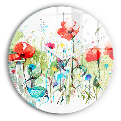 Round glass wall clock Flowers in the meadow