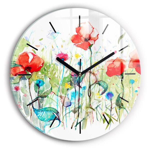 Round glass wall clock Flowers in the meadow