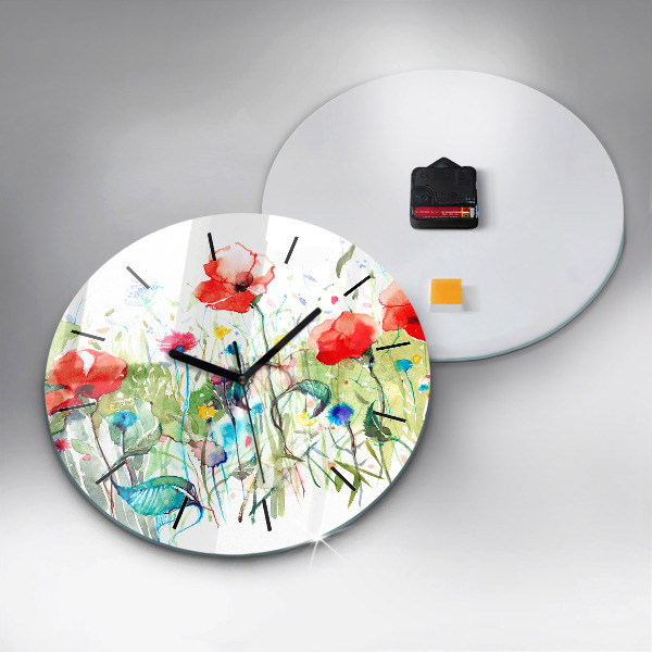 Round glass wall clock Flowers in the meadow