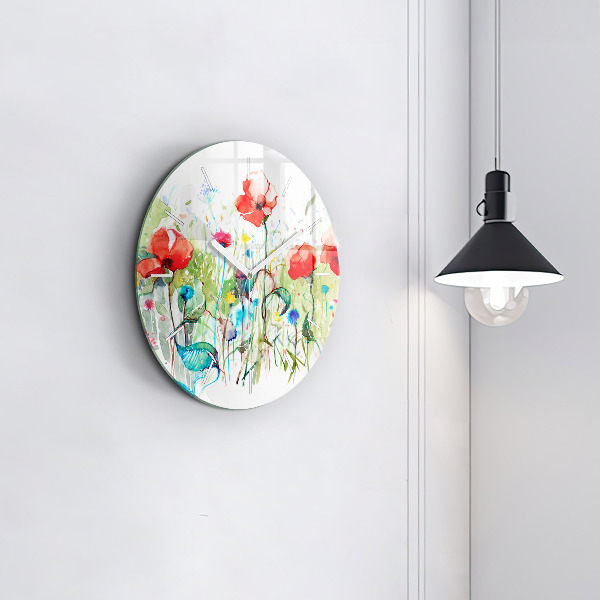 Round glass wall clock Flowers in the meadow