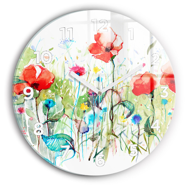 Round glass wall clock Flowers in the meadow