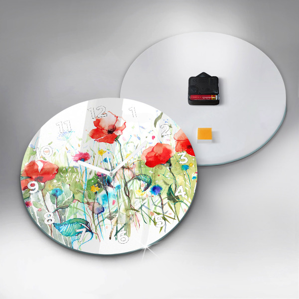 Round glass wall clock Flowers in the meadow