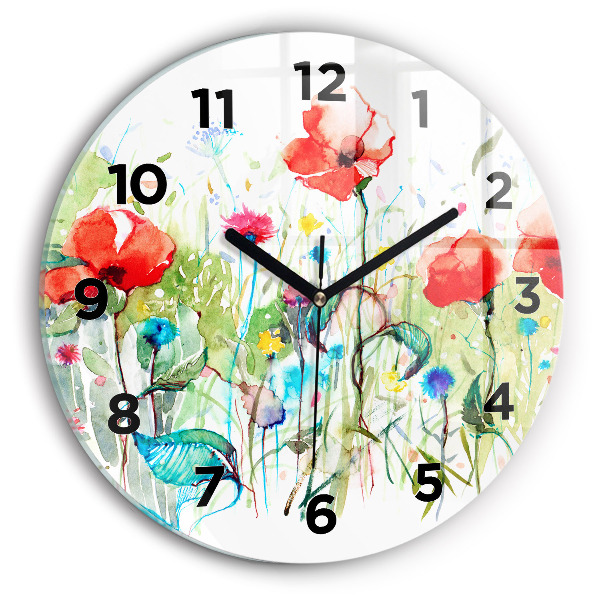 Round glass wall clock Flowers in the meadow