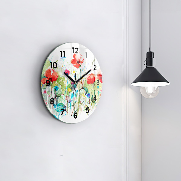 Round glass wall clock Flowers in the meadow
