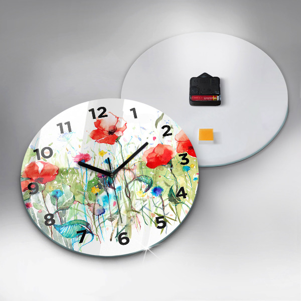 Round glass wall clock Flowers in the meadow