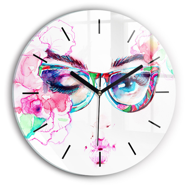 Round glass wall clock Woman with glasses