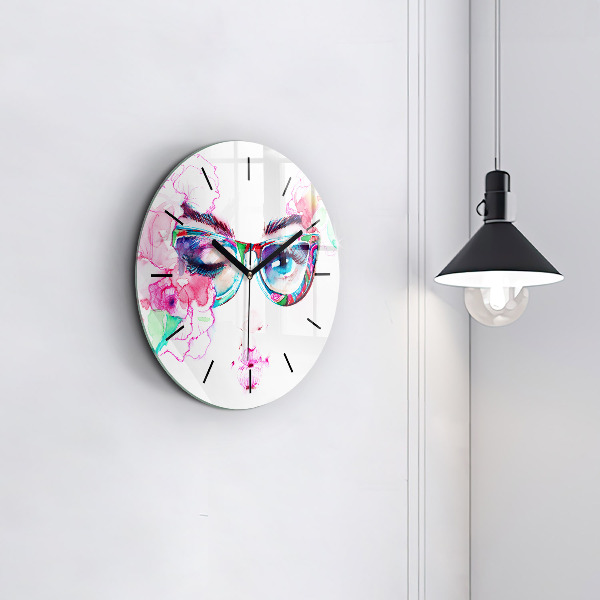 Round glass wall clock Woman with glasses