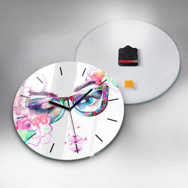 Round glass wall clock Woman with glasses