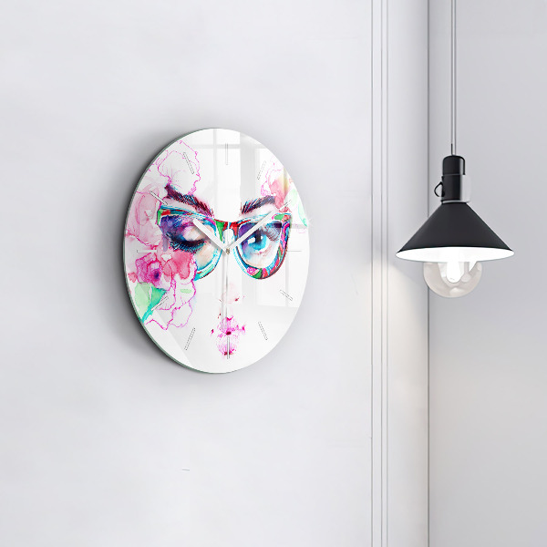 Round glass wall clock Woman with glasses